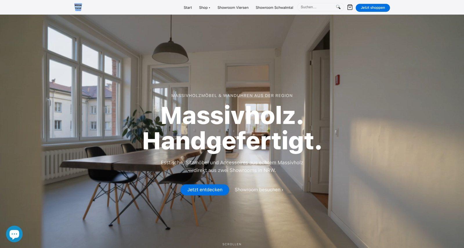 Megatische Startseite heute — fokussierter Hero „Massivholz. Handgefertigt.“ mit klarem Call-to-Action